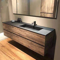 Moderner Wandmontierter Badezimmerschrank mit Holzmaserung und Integriertem Schwarzem Waschbecken, Schubladen mit Soft-Close-Funktion für Zeitgenössische Badezimmer