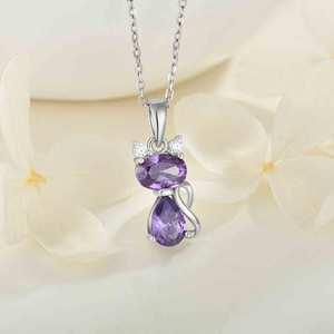 Kalung Liontin Kucing Perak Sterling 925 untuk Anak Perempuan - Perhiasan Anak Berlapis Emas dengan Zirkon Biru Ungu Hadiah - Product Image 4