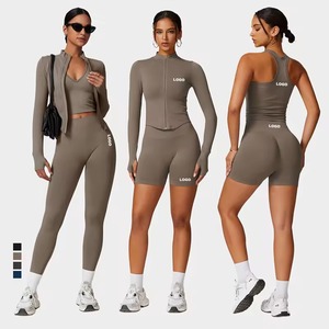 Conjunto de Yoga sin Costuras para <span class=keywords><strong>Mujer</strong></span>, Sujetador Deportivo, Camiseta sin Mangas, Leggings de Cintura Alta, Pantalones Cortos de Ciclismo, Chaqueta con Cierre, Ropa Deportiva para Entrenamiento - Product Image 2