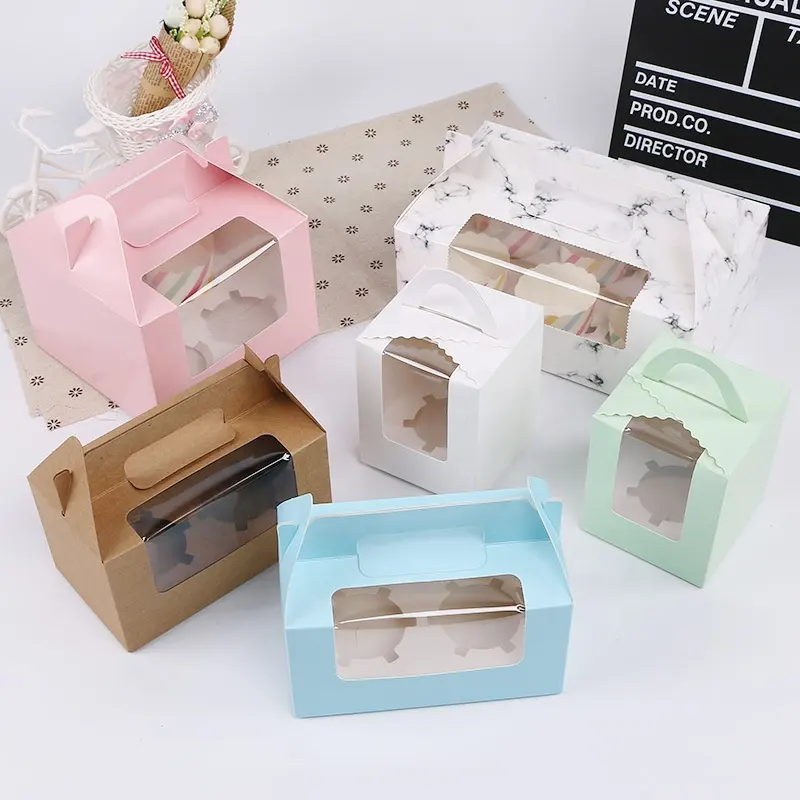 Boîte à cupcakes blanche à 2/4/6 trous, carton avec poignée, boîtes d'emballage de gâteaux en marbre personnalisées, boîte à muffins en papier kraft avec fenêtre