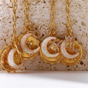 Collar <span class=keywords><strong>de</strong></span> Ópalo Girasol que no se desvanece, con los Doce Signos del Zodíaco, Runas Retro Vintage y Colgante <span class=keywords><strong>de</strong></span> Ópalo Luna Nueva - Product Image 1