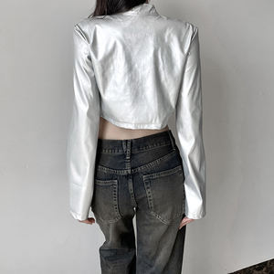 Veste courte à col montant zippée argentée pour femme, style décontracté, streetwear, hip-hop, danse, vêtement polyvalent - Product Image 6