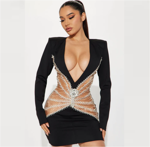 Elegante Abito <span class=keywords><strong>Nero</strong></span> Aderente da Donna, Sexy, a Maniche Lunghe, con Patchwork e Scollo a V Profondo, Decorato con Strass, per Club - Product Image 1