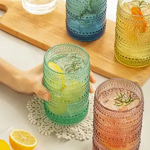 Vaso de agua de vidrio transparente en relieve sin BPA de 12oz para cerveza, cóctel, whisky, jugo y varias bebidas mixtas, fácil de agarrar