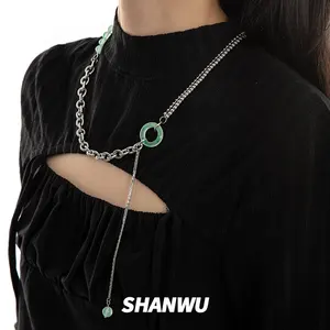 SHANWU 55 см искусственное нефритовое кольцо кулон ожерелье из нержавеющей стали крест цепь из бисера звено цепи нефрита бусины