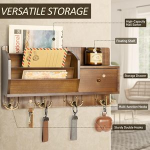 Organisateur mural de courrier au design moderne avec étagère de rangement et <span class=keywords><strong>tiroir</strong></span>, porte-clés et porte-documents, étagères murales, décoration intérieure - Product Image 5