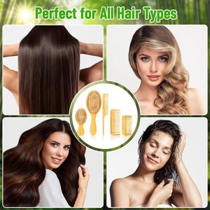 Lot en gros de brosses à cheveux en bois de bambou naturel et peignes démêlants à dents larges avec peigne à queue de rat et brosses à poils naturels - Product Image 5