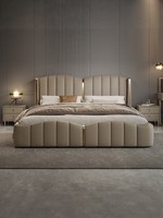 Neues Design Italienisches Luxus-Schlafzimmermöbel-Set Hochwertiges Kingsize-Bett Modernes Großes Kopfteil Massivholz Leder