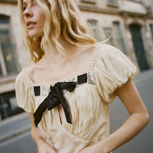 เดรสผู้หญิงสไตล์วินเทจฝรั่งเศส ผ้าลูกไม้เนื้อนุ่มระบายอากาศได้ดี ผ้าฝ้ายเมอร์เซอไรซ์ เอวเข้ารูปทรงธรรมชาติ ความยาวปานกลาง คอเหลี่ยม แขนพอง - Product Image 3