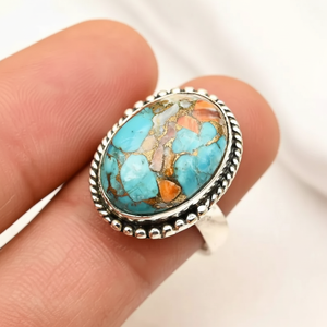 Hermoso bohemio de moda 925 Plata de Ley 10x14mm anillo ovalado Natural ostra cobre turquesa piedra preciosa joyería fina para mujer - Product Image 1