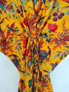 Women Floral Print <b>Kaftan</b> Dress Deep V Neck Short Sleeve Yellow 100% Cotton Summer Resort Wear Bohemian 1-Piece Quick Dry - Product Image 6