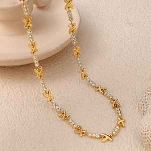 European American Style X Shape Rhinestone Stainless Steel 18K Gold Plated Necklace <b>Bracelet</b> <b>Set</b> For Women Party Jewelry - Product Image 2