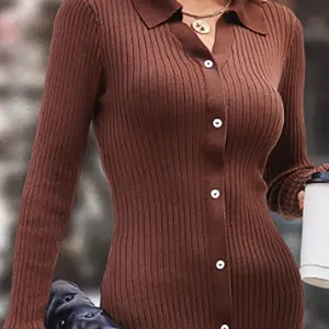 Produsen pakaian rajut gaun kasual elegan lengan panjang leher V kustom gaun rajut Sweater seksi wanita