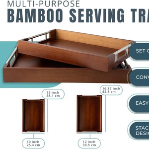 Bandeja de bambú de madera maciza Huicheng con asas de metal, color natural, bandeja para servir café, fruta y pan - Product Image 3