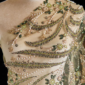 تصميم جديد لأقمشة الدانتيل الثقيل المطرزة للعرائس، أقمشة الأورجانزا البوليستر، دانتيل مطرز بالخرز الذهبي، قماش دانتيل للزفاف متعدد الألوان - Product Image 2