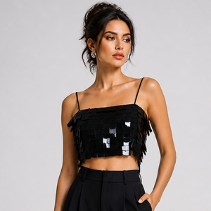 Haut <span class=keywords><strong>court</strong></span> noir à sequins carrés pour <span class=keywords><strong>femme</strong></span>, bretelles spaghetti, fermeture à crochet au dos, grandes paillettes, idéal pour les soirées et les boîtes de nuit - Product Image 1