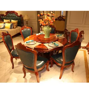 定制仿古实木豪华6座圆形餐桌，配有传统棕色木雕和真皮椅子