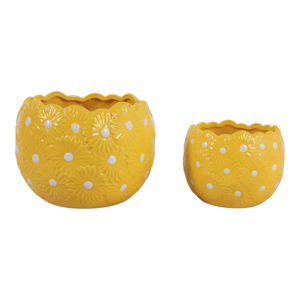 Set di due vasi in ceramica con disegno a margherite e pois gialli, per interni ed esterni. - Product Image 3