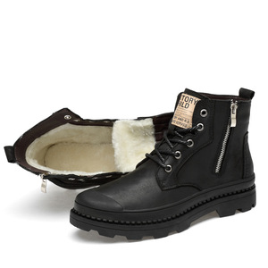 Botas de hombre de cuero genuino negro, sencillas y a la moda, con forro de lana para mayor calidez, estilo outdoor, botas de invierno. - Product Image 4