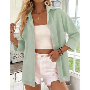 Chemise en mousseline de soie pour femmes, boutonnée, manches 3/4, col en V, chemisier décontracté pour tous les jours - Product Image 2