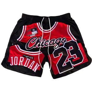 Shorts de basquete masculino hip hop personalizado de camada dupla de alta qualidade com apliques de costura bordados de malha just don
