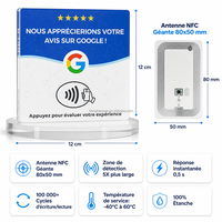 Carte NFC Google Review tactile personnalisée 12x12cm en acrylique français, 100 000+ cycles, support sans contact pour réseaux sociaux pour entreprises