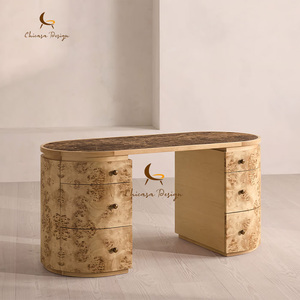 Natural Marble Tabletop Multi Drawer Storage Cabinets Solid Wood Frame Luxury Study Writing <b>Vanity</b> <b>Table</b> Oval Burl Desk - Product Image 2