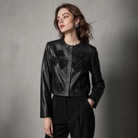 Veste en cuir de mouton noir pour femme, col rond, boutons pression perlés, broderie florale 3D en cristal, manteau court de luxe