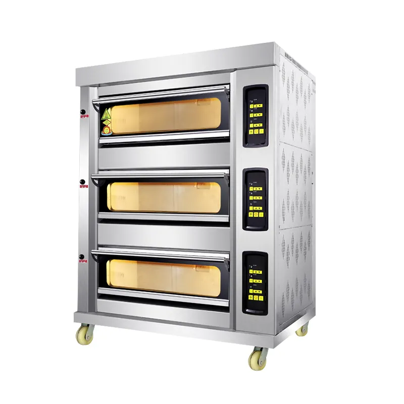 Forno elétrico/a gás para padaria comercial, forno para assar pão e pizza com 3 bandejas e 6 bandejas