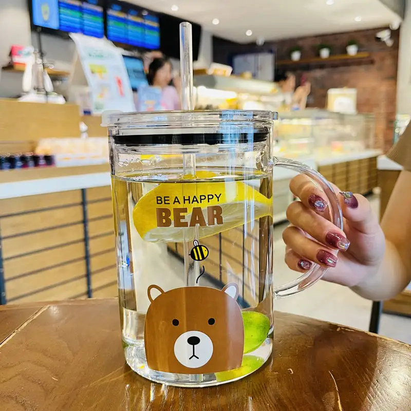 1000ml super capacity glass straw drinking cup lovely glasses glass water cup cartoon juice mug