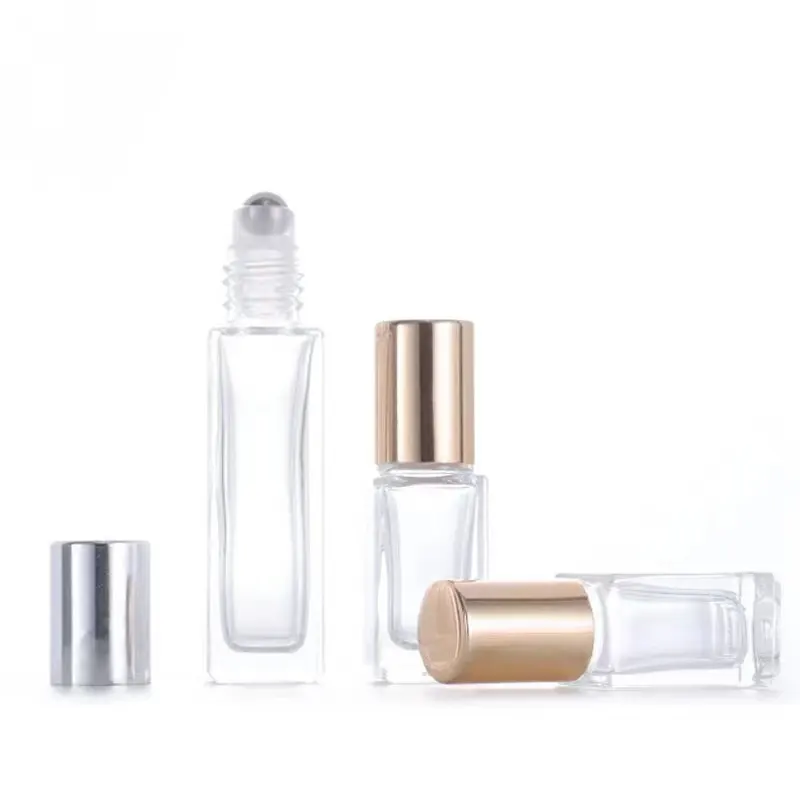 3 ml 8ml Empty French Square Clear Glass Roll On Bottle With Gold Black Cap Stainless Steel Roller For Essential Oil Perfume