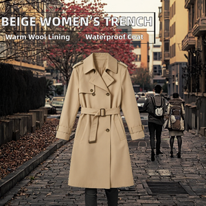 Manteau <span class=keywords><strong>trench</strong></span> <span class=keywords><strong>beige</strong></span> pour <span class=keywords><strong>femme</strong></span> avec ceinture longue, double boutonnage, coupe courte décontractée, imperméable et orné de dentelle - Product Image 2