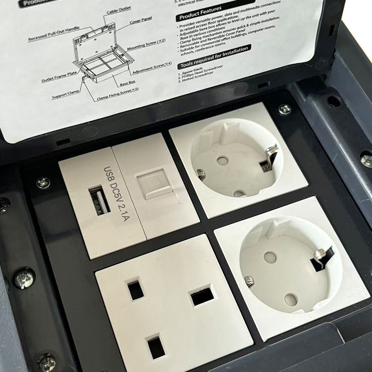 VNX Floor System Underground Box Electrical Outlet Floor Box 45*45mm Can Install 2*EU Socket Usb Date Socket With 13A Socket