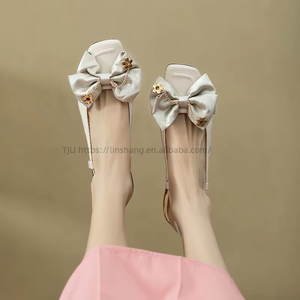 Factory Direct Wholesale Square Head Bow Sandals Low <b>Heels</b> Flat Shoes Women - Product Image 2