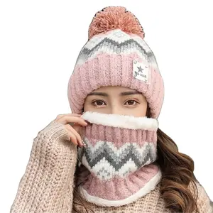 Hoed Vrouwen Oorbeschermers Verdikte Plus Fluwelen Koude-Proof Warme Fleece Pompom Student Bike Winddicht Gebreide Muts Nekwarmer Pak zachte