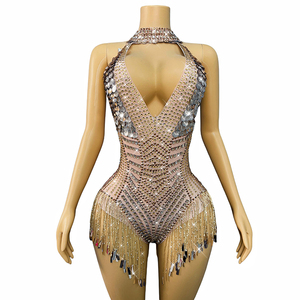 NOVANCE Produits Tendance <span class=keywords><strong>2023</strong></span> Nouveautés Combinaison Sexy à Paillettes Brillantes et Cristaux Dorés Col en V Profond pour Femme - Product Image 1