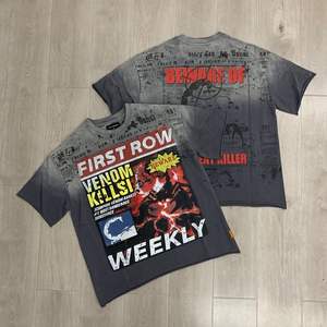 Camiseta de manga corta vintage lavada con pedrería termoadhesiva, estilo 'Vibe', con estampado 'Breaking News Venom Kills' y corte cropped FIRST ROW - Product Image 1