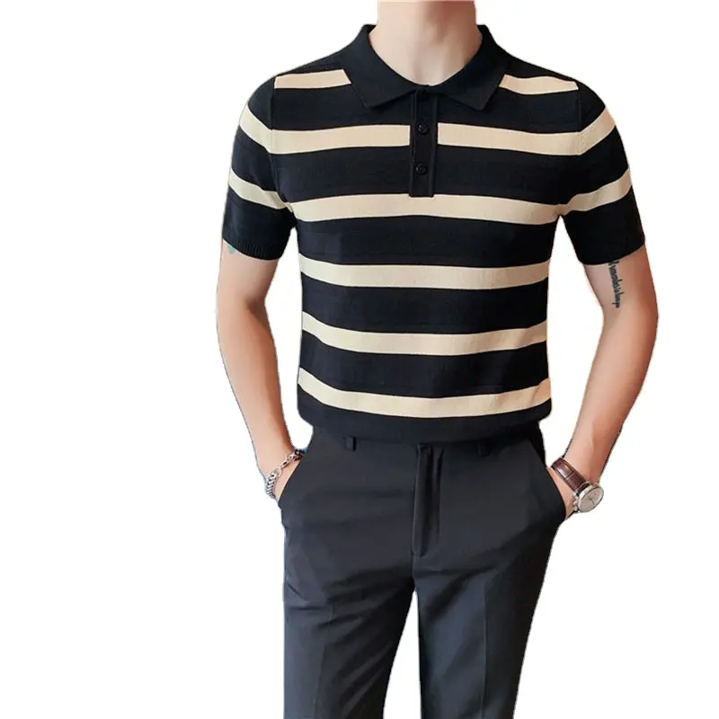 OEM High Quality Formal Design All Over Striped Business Mens Polo Shirt Summer Knitted Short Sleeve Sweater Men