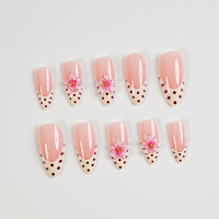 Faux ongles 3D roses à presser, forme amande moyenne, French manucure nude avec pois, pour femme, usage quotidien estival