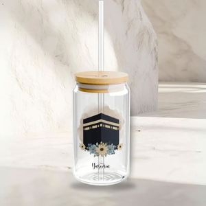 Tasse à café en verre personnalisée à motif floral pour femmes musulmanes, avec couvercle et paille, pour l'Omra et le Hajj, thème Mecque et Kaaba - Product Image 3