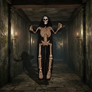 AROMA Scheletro Animato Sospeso da 63 Pollici con Risata e Braccia Mobili per Creare un'Atmosfera Spettrale di Halloween - Product Image 1