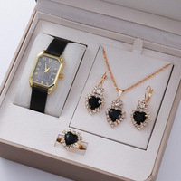 Set de Regalo de Reloj y Joyería de 5 Piezas, Collar, Aretes y Anillo con Cristales Azules y Corazón Dorado, Joyería al por Mayor para Mujer