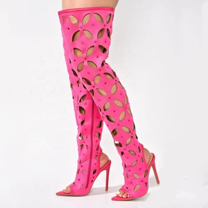 Women Wholesale Suede Cut Out Over Knee High Boots Peep Toe Stiletto Heels Diamonds <b>Shoes</b> Side Zipper Summer Long Booties - Product Image 6