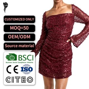 เดรสสั้นแขนยาวคอเหลี่ยมประดับเลื่อมคุณภาพสูงสำหรับผู้หญิงมาใหม่ เหมาะสำหรับงานปาร์ตี้ ดีไซน์รัดรูป - Product Image 1