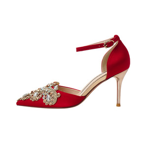Sandales à talons pointus rouges avec décoration en strass, talon aiguille, talon haut pour robe de mariée 6692-10 - Product Image 5