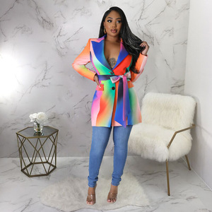 Mới Nhất Thiết Kế Mùa Thu Phụ Nữ Văn Phòng Dresses Cầu Vồng In Ấn Khăn Choàng Cổ Áo Phù Hợp Với Ăn Mặc Phụ Nữ Tie Dye Blazer Dress - Product Image 2