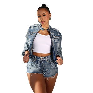 FS13003D 2024 Printemps Offre Spéciale Femmes Jean Vestes Cross Denim Shorts Costumes - Product Image 6