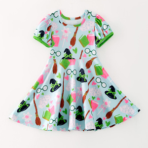 Per bambini <span class=keywords><strong>e</strong></span> bambine vestito estivo latte di seta morbido elasticizzato corto con maniche a sbuffo <span class=keywords><strong>stampa</strong></span> strega al ginocchio per bambini ODM fornitura - Product Image 3