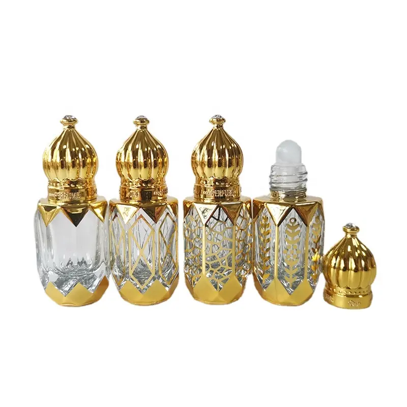 Conception spéciale estampage à chaud vide 6ml huiles essentielles en verre doré petit rouleau portable sur bouteille pour parfum