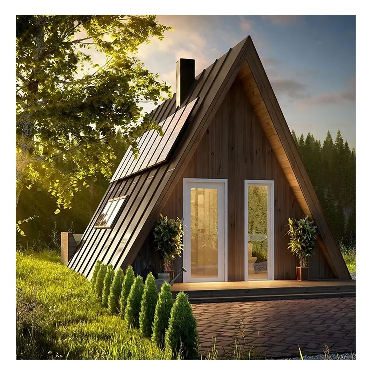 Steel frame prefab house huts resort cottage home garden chalet wood log cabin kits A frame mini houses